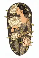 peonies, roses and rumduol around an apsara   tattoo design idea