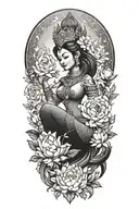 Cambodia apsara surrounded in peonies, roses and lotus flowers tattoo design idea