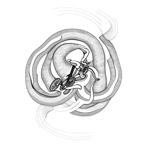 A fierce mountain biker riding through a winding serpent-shaped trail tattoo design idea