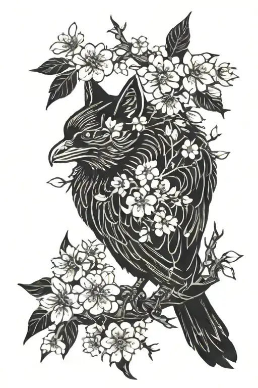 crow, cherry blossom tree branches, Kitsune mask, ghost, cat silhouette tattoo design idea