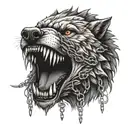angry wolf head with chains in its mouth between teeth tattoo design idea