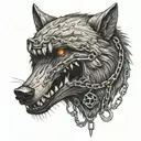 angry wolf head with chains in its mouth between teeth tattoo design idea