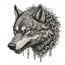 angry wolf head with chains in its mouth between teeth tattoo design idea