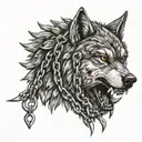 angry wolf head with chains in its mouth between teeth tattoo design idea