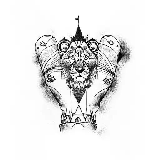 an arm sleeve tattoo with a castle on an mountain and an elephant and a young king and a lion tattoo design idea