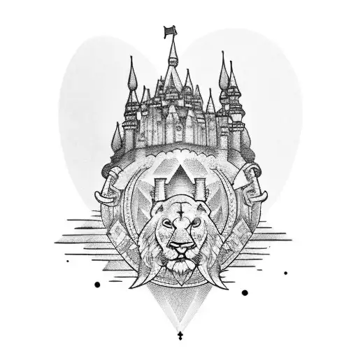 an arm sleeve tattoo with a castle on an mountain and an elephant and a baby king and a lion tattoo design idea
