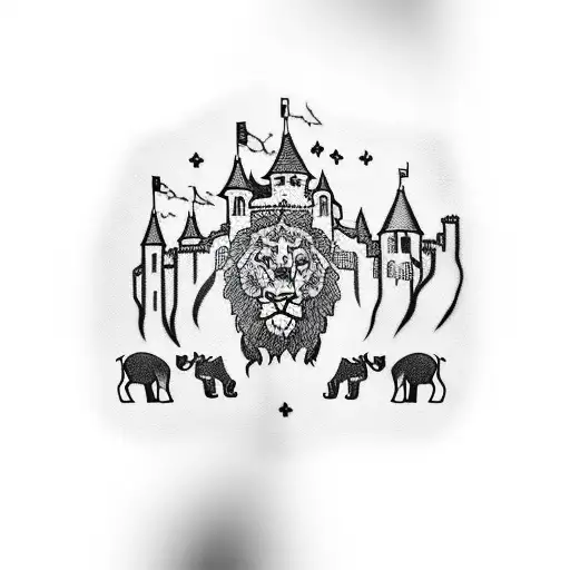an arm sleeve tattoo with a castle on an mountain and an elephant and a young king and a lion tattoo design idea