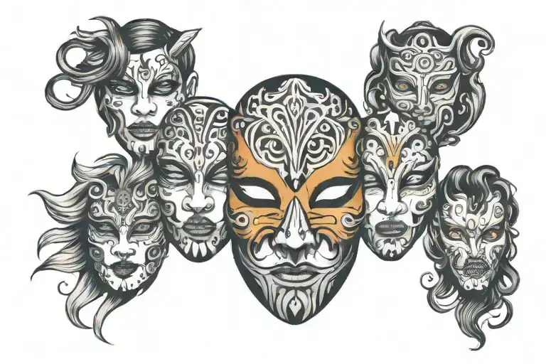 multiple masks hiding a face   tattoo design idea