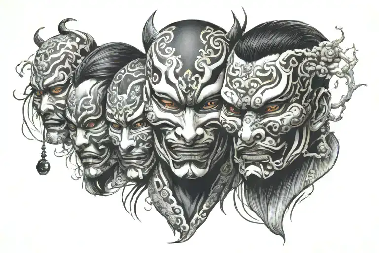 face behind many masks staring at each other tattoo design idea