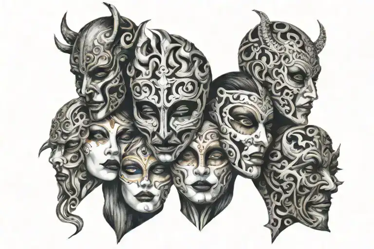 face behind many masks staring at each other tattoo design idea