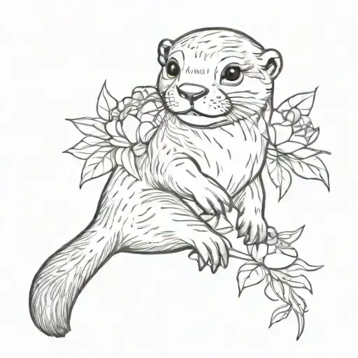 baby otter holding peony flower tattoo design idea