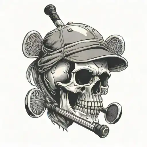 A skull wearing a baseball cap, holding a golf club and a tennis racket, with a cycling helmet hanging off it tattoo design idea