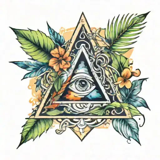 alcoholics anonymous triangle symbol filled in with watercolors and tropical leafs tattoo design idea