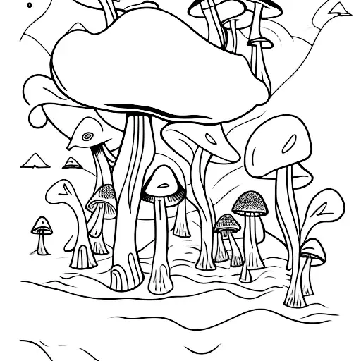 A whimsical mushroom forest with children playing among them tattoo design idea