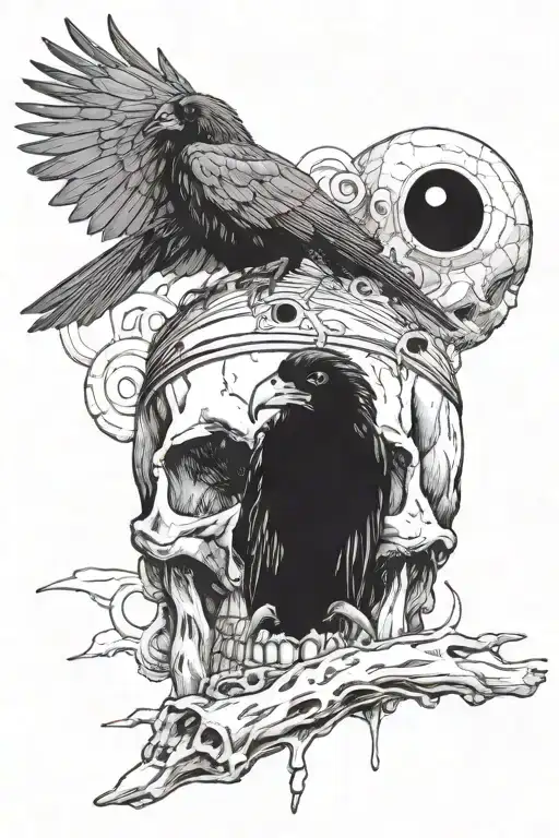 a crow sat atop a skull that has a headband from naruto and the crow has an sharigan eyeball in its beak tattoo design idea