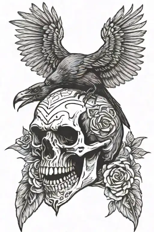 a crow sat atop a skull that has a headband from naruto and the crow has an sharigan eyeball in its beak tattoo design idea