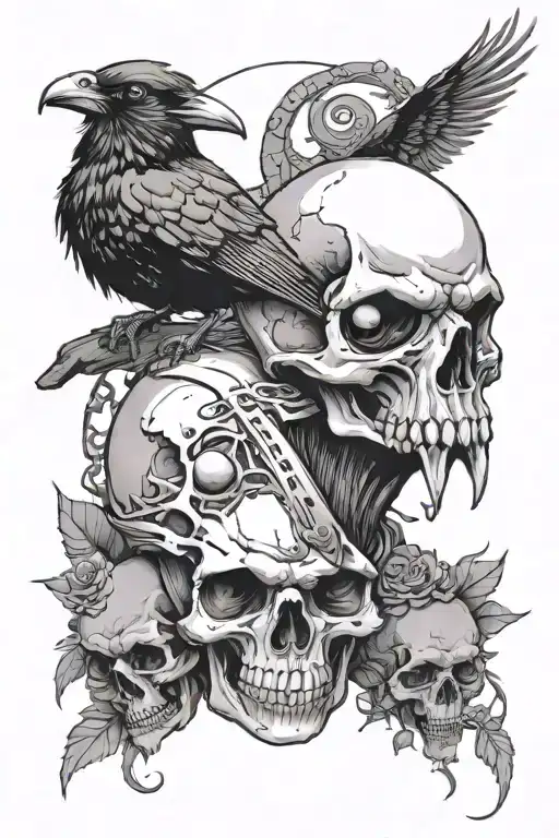 a crow sat atop a skull that has a headband from naruto and the crow has an sharigan eyeball in its beak tattoo design idea