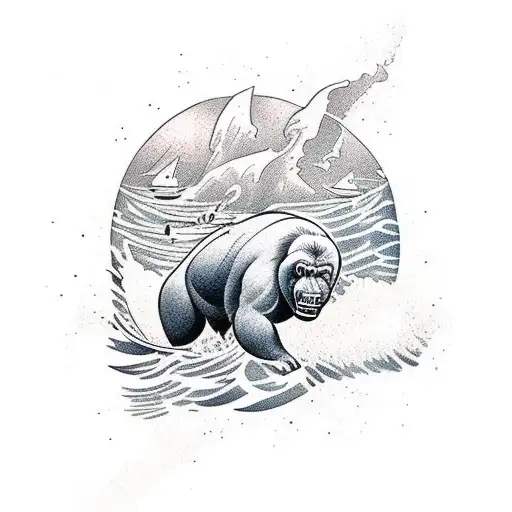 Traditional-style tattoo of a silverback gorilla surfing in the Caribbean waves tattoo design idea