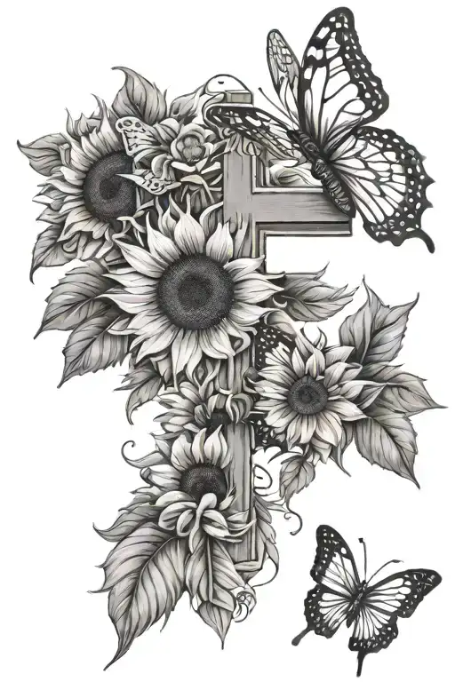 Sunflowers butterflies and a cross tattoo tattoo design idea