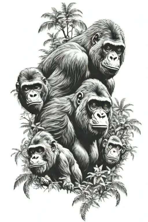 a gorilla, orangutan and chimpanzee one on top of the other surrounded by forest tattoo design idea