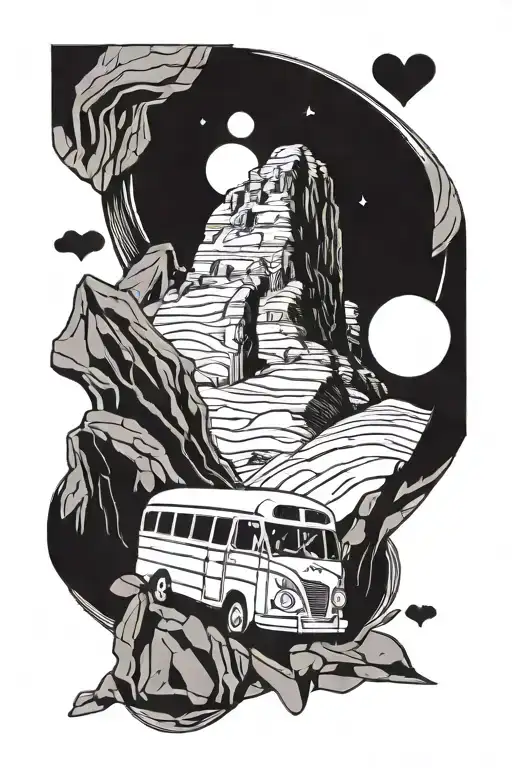 A rock climbing scene with a bus in the background, representing your love for adventure and your occupation in public bus transport tattoo design idea