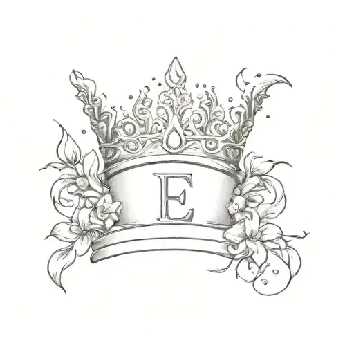 a crown, no much shading, incoperate the letter E. and flowering coming from inside the crown, very simple.  tattoo design idea