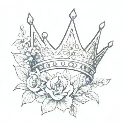 a crown, no much shading, incoperate the letter E. and flowering coming from inside the crown, simple flowers  tattoo design idea
