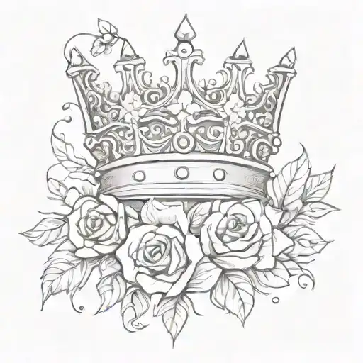a crown, no much shading, incoperate the letter E. and flowering coming from inside the crown, simple flowers  tattoo design idea