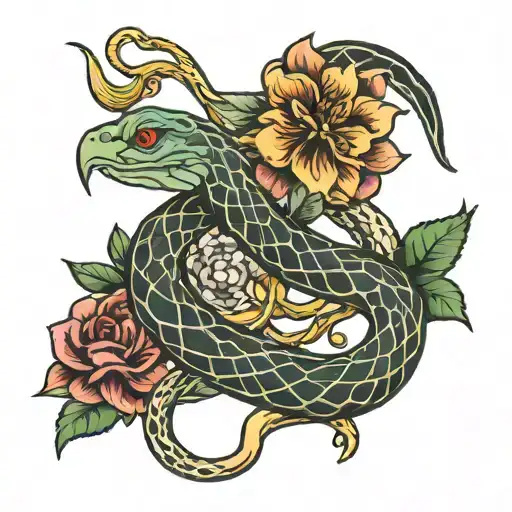 snake, bow and arrow, flower, bird  tattoo design idea