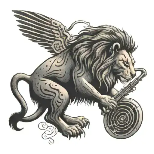 A tattoo of a majestic lion playing a musical instrument in an art deco style tattoo design idea