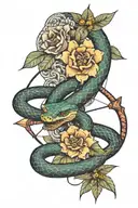 snake, bow and arrow, bird, flower  tattoo design idea