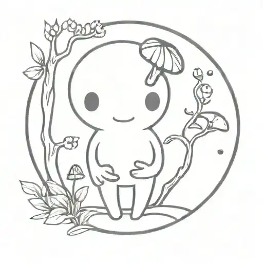whimsical Kodama with mushroom and tree tattoo design idea