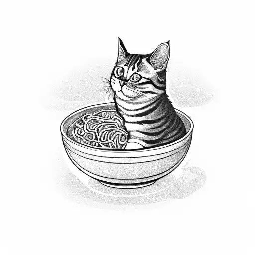 cat in bowl of noodles tattoo design idea