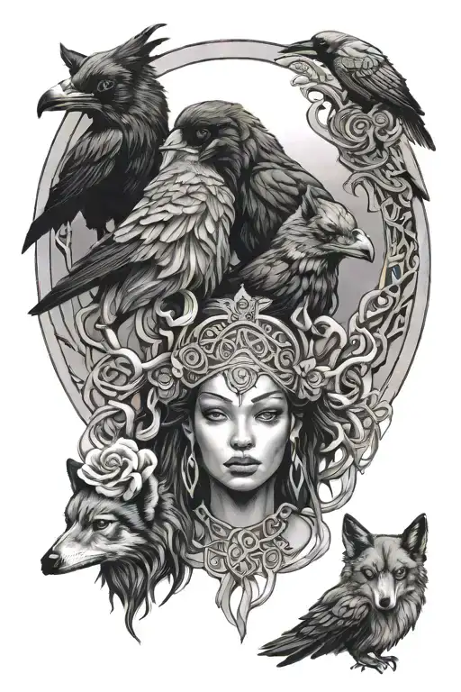 young black goddess, an old black goddess and an adult black goddess, a raven, a wolf and celtic detail tattoo design idea