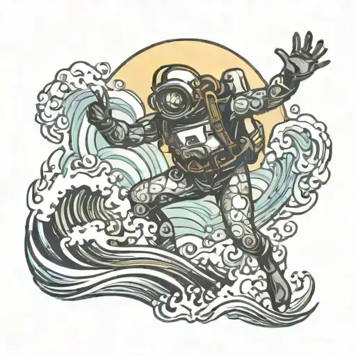 sun and waves and diver exploring tattoo design idea