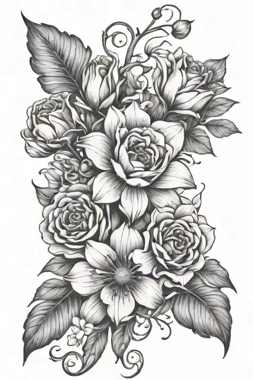 flower vine with tulip, orchid, rose, rananculus, sunflower, lily, gerbera tattoo design idea