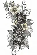 25 cm and 8 cm wide vertical vine with 1 lily, 1 rose, 1 orchid, 1 tulip, 1 sunflower, 1 reindeer, gerbera tattoo design idea