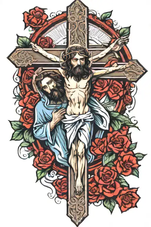 jesus on the cross with mary praying under the cross  tattoo design idea