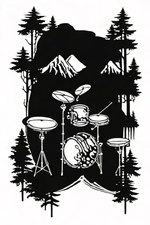 minimalist Drumset in the woods with a mountain and waterfall behind it tattoo design idea