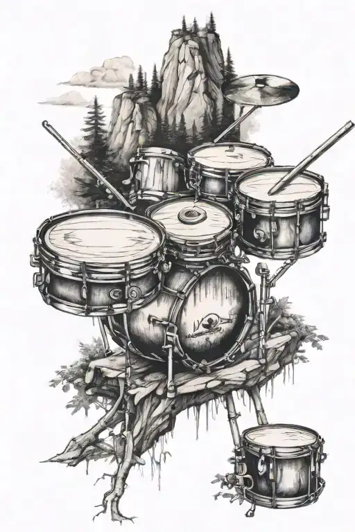 small Drumset in the woods with a mountain and waterfall behind it tattoo design idea