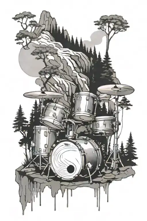 minimalist Drumset in the woods with a mountain and waterfall behind it tattoo design idea