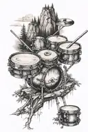 small Drumset in the woods with a mountain and waterfall behind it tattoo design idea