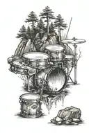 small Drumset in the woods with a mountain and waterfall behind it tattoo design idea