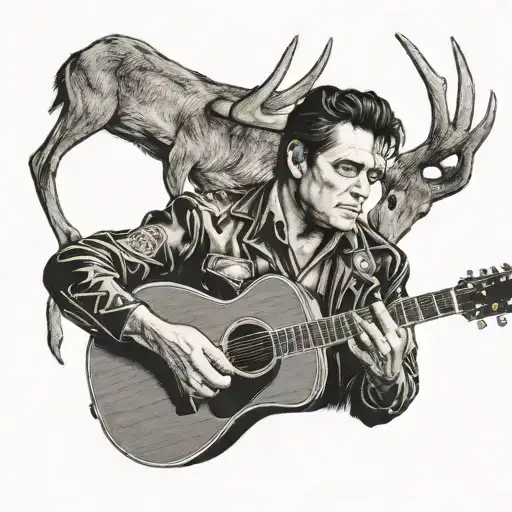 A realistic black and grey portrait of Johnny Cash playing a guitar, surrounded by deer antlers and hunting gear tattoo design idea