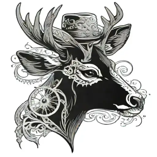 Incorporate a guitar and cowboy hat into a deer skull design tattoo design idea