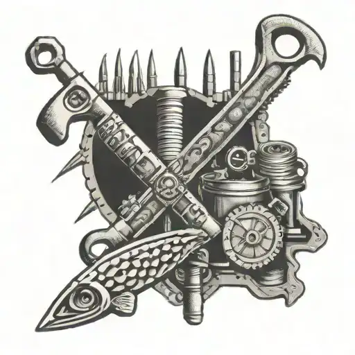 Mechanic tools intertwined with hunting and fishing gear tattoo design idea