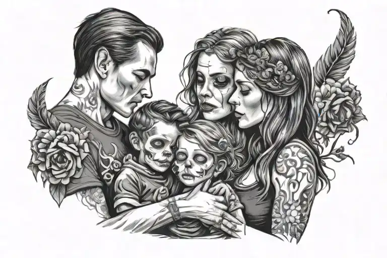 woman wearing skull T-shirt holding hands with son and daughter  tattoo design idea