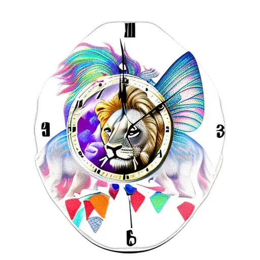 fairy on lion with clock behinde tattoo design idea