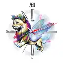 fairy on lion with clock behinde tattoo design idea