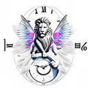 fairy on lion with clock behinde tattoo design idea